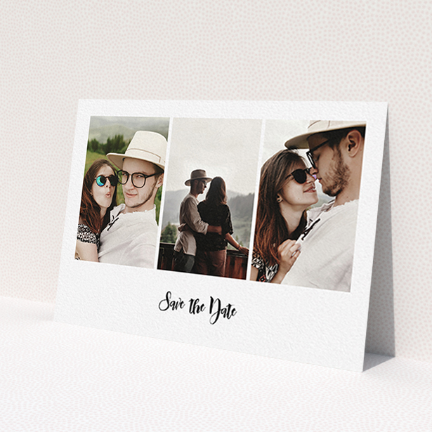 A wedding save the date card design named 'Colour Photo on White'. It is an A6 card in a landscape orientation. It is a photographic wedding save the date card with room for 3 photos. 'Colour Photo on White' is available as a flat card, with mainly white colouring.