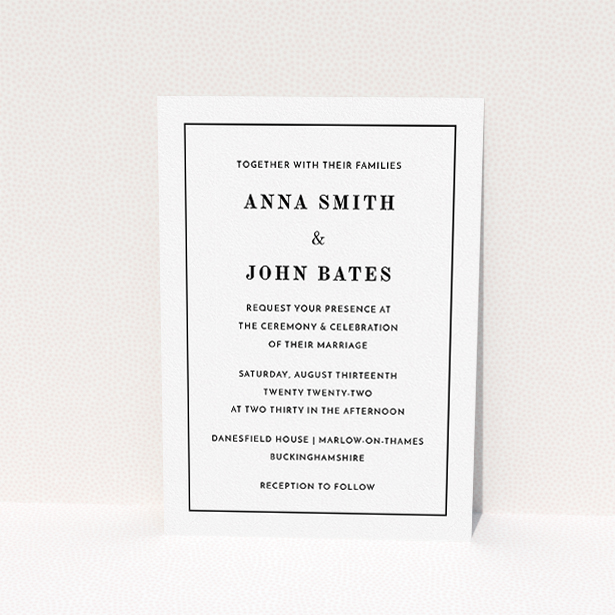 A wedding save the date card named "Just us portrait". It is an A5 card in a portrait orientation. It is a photographic wedding save the date card with room for 1 photo. "Just us portrait" is available as a flat card, with mainly white colouring.