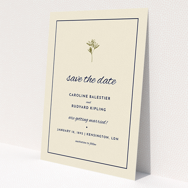 A wedding save the date card design called "My little daisy". It is an A5 card in a portrait orientation. "My little daisy" is available as a flat card, with tones of cream and gold.