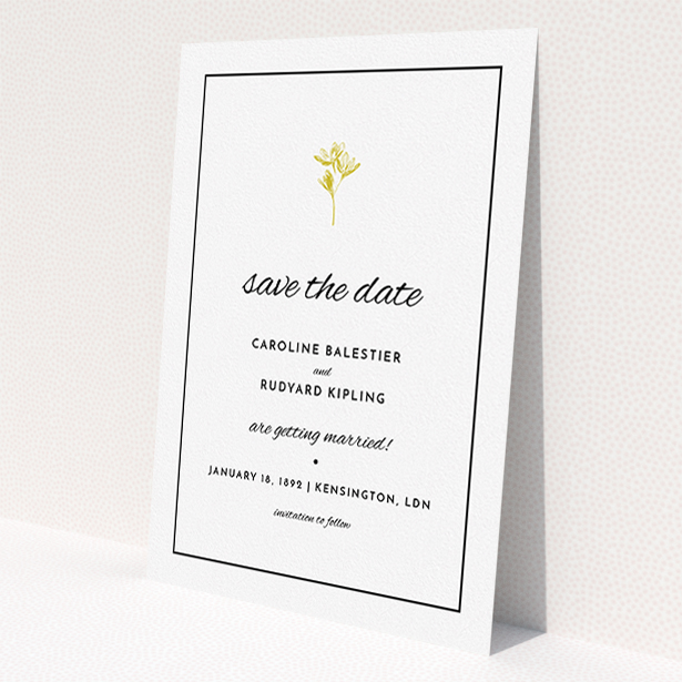 A wedding save the date card design named 'My little daisy'. It is an A5 card in a portrait orientation. 'My little daisy' is available as a flat card, with mainly gold colouring.