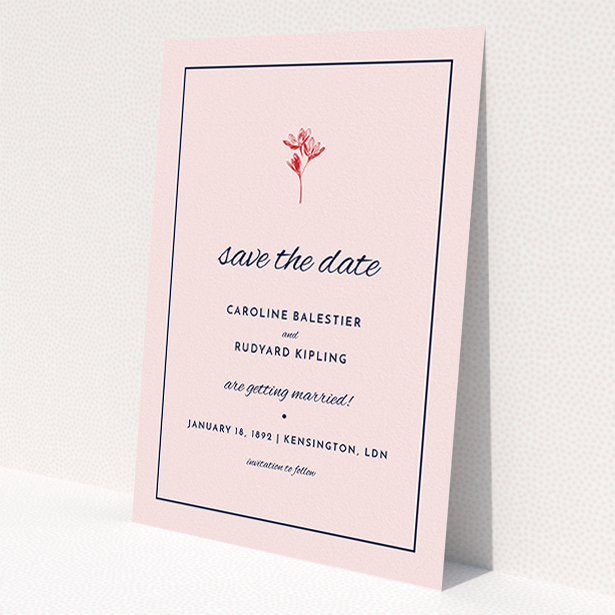 A wedding save the date card design titled 'My little daisy'. It is an A5 card in a portrait orientation. 'My little daisy' is available as a flat card, with mainly pink colouring.