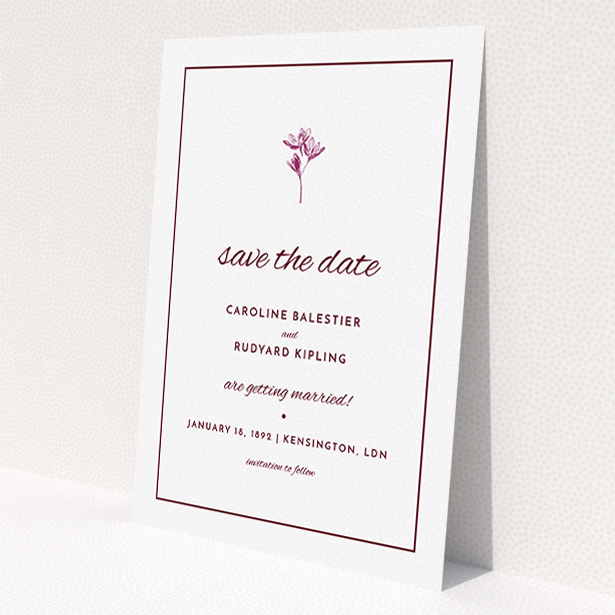 A wedding save the date card named 'My little daisy'. It is an A5 card in a portrait orientation. 'My little daisy' is available as a flat card, with tones of white and burgundy.