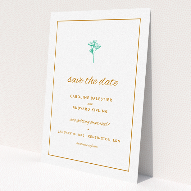 A wedding save the date card template titled 'My little daisy'. It is an A5 card in a portrait orientation. 'My little daisy' is available as a flat card, with tones of white and green.