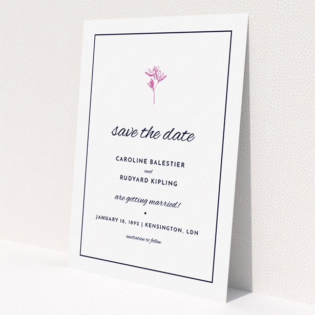 A wedding save the date card design named 'My little daisy'. It is an A5 card in a portrait orientation. 'My little daisy' is available as a flat card, with mainly white colouring.
