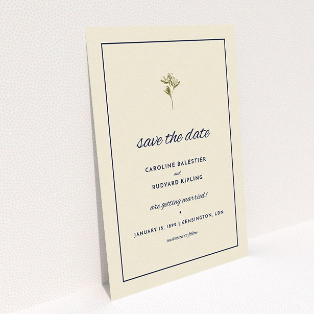 A wedding save the date card design called "My little daisy". It is an A5 card in a portrait orientation. "My little daisy" is available as a flat card, with tones of cream and gold.