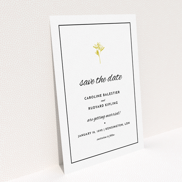 A wedding save the date card design named "My little daisy". It is an A5 card in a portrait orientation. "My little daisy" is available as a flat card, with mainly gold colouring.