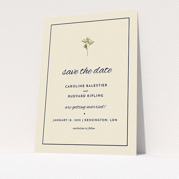 A wedding save the date card design called "My little daisy". It is an A5 card in a portrait orientation. "My little daisy" is available as a flat card, with tones of cream and gold.