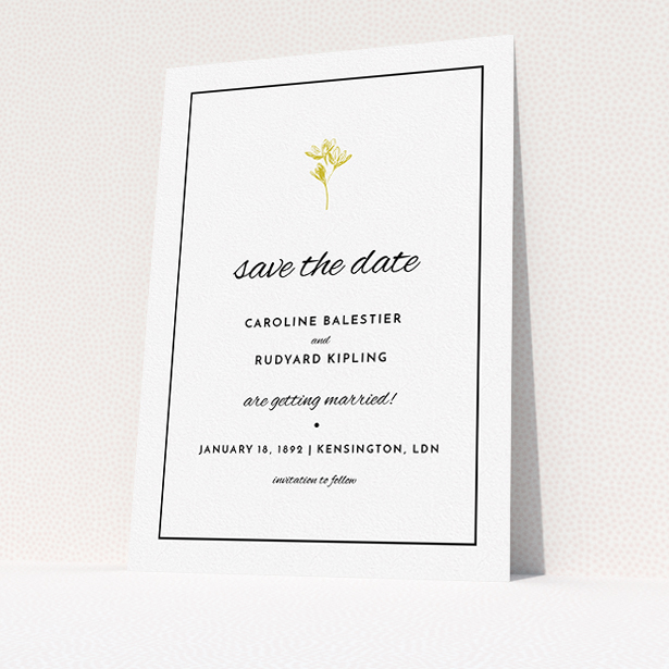 A wedding save the date card design named "My little daisy". It is an A5 card in a portrait orientation. "My little daisy" is available as a flat card, with mainly gold colouring.