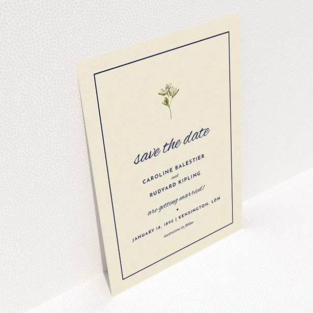 A wedding save the date card design called "My little daisy". It is an A5 card in a portrait orientation. "My little daisy" is available as a flat card, with tones of cream and gold.