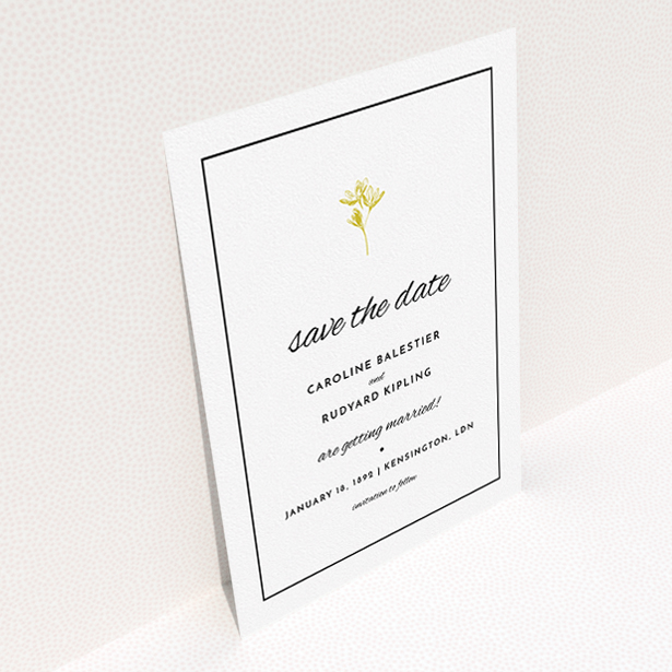 A wedding save the date card design named "My little daisy". It is an A5 card in a portrait orientation. "My little daisy" is available as a flat card, with mainly gold colouring.