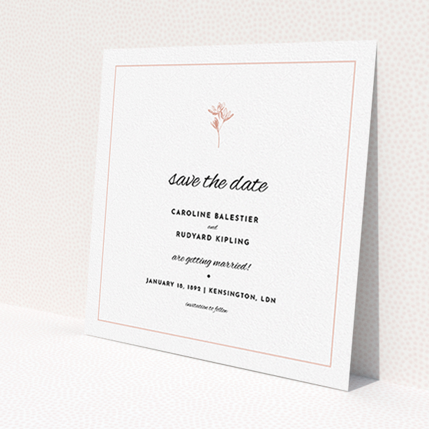 A wedding save the date card design titled 'My little daisy'. It is a square (148mm x 148mm) card in a square orientation. 'My little daisy' is available as a flat card, with tones of white and pink.
