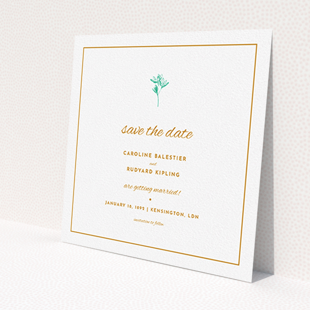 A wedding save the date card design named 'My little daisy'. It is a square (148mm x 148mm) card in a square orientation. 'My little daisy' is available as a flat card, with tones of white and green.