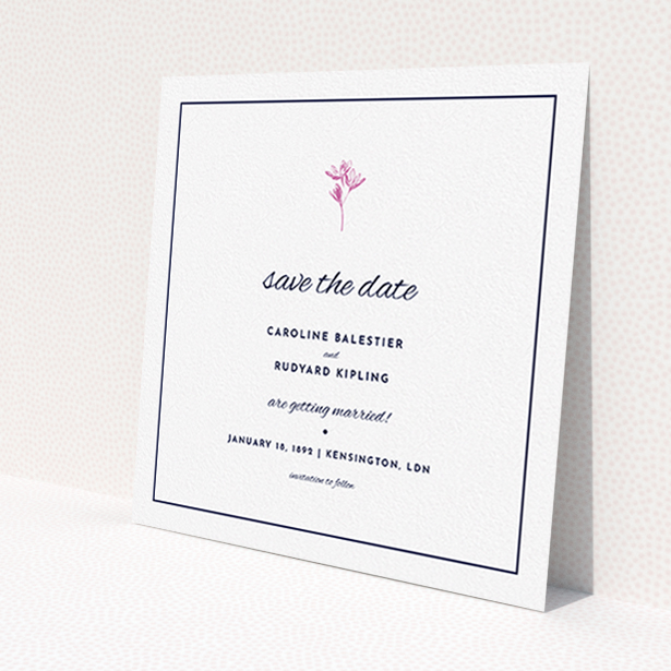 A wedding save the date card design named 'My little daisy'. It is a square (148mm x 148mm) card in a square orientation. 'My little daisy' is available as a flat card, with mainly white colouring.