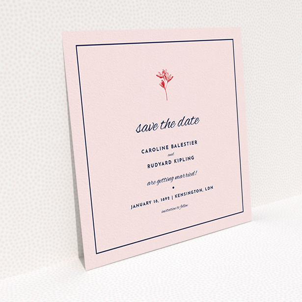 A wedding save the date card design titled "My little daisy". It is a square (148mm x 148mm) card in a square orientation. "My little daisy" is available as a flat card, with mainly pink colouring.