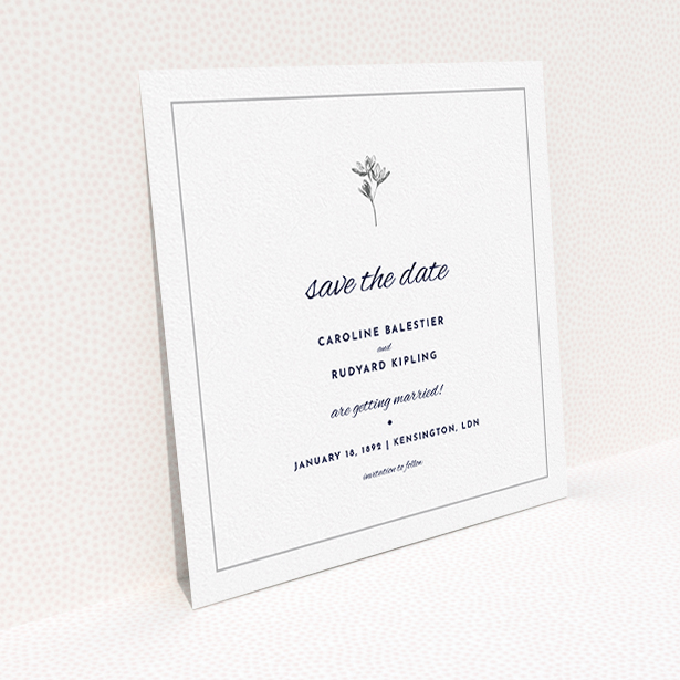 A wedding save the date card template titled "My little daisy". It is a square (148mm x 148mm) card in a square orientation. "My little daisy" is available as a flat card, with tones of white and Dark grey.