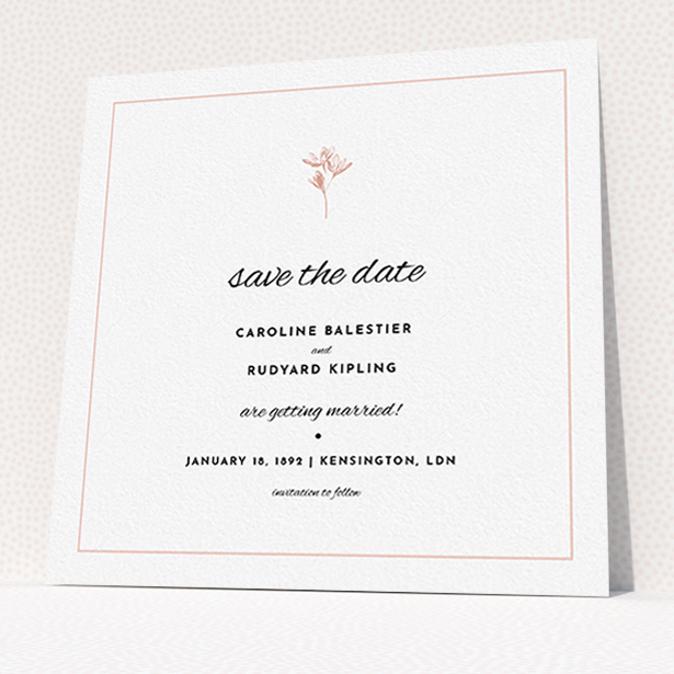 A wedding save the date card design titled "My little daisy". It is a square (148mm x 148mm) card in a square orientation. "My little daisy" is available as a flat card, with tones of white and pink.