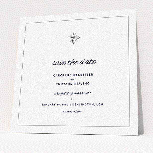 A wedding save the date card template titled "My little daisy". It is a square (148mm x 148mm) card in a square orientation. "My little daisy" is available as a flat card, with tones of white and Dark grey.