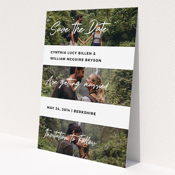 A wedding save the date card called 'Newsreel'. It is an A5 card in a portrait orientation. It is a photographic wedding save the date card with room for 3 photos. 'Newsreel' is available as a flat card, with mainly white colouring.