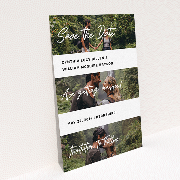 A wedding save the date card called "Newsreel". It is an A5 card in a portrait orientation. It is a photographic wedding save the date card with room for 3 photos. "Newsreel" is available as a flat card, with mainly white colouring.