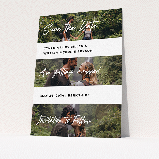 A wedding save the date card called "Newsreel". It is an A5 card in a portrait orientation. It is a photographic wedding save the date card with room for 3 photos. "Newsreel" is available as a flat card, with mainly white colouring.