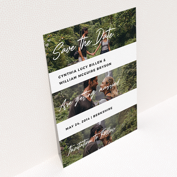 A wedding save the date card called "Newsreel". It is an A5 card in a portrait orientation. It is a photographic wedding save the date card with room for 3 photos. "Newsreel" is available as a flat card, with mainly white colouring.