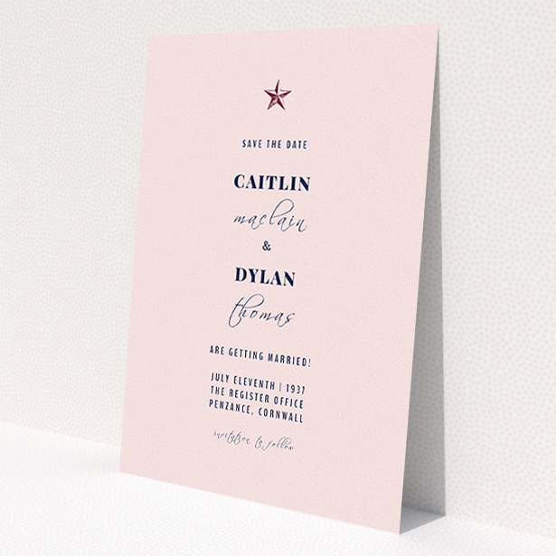 A wedding save the date card named 'North Star'. It is an A5 card in a portrait orientation. 'North Star' is available as a flat card, with mainly pink colouring.