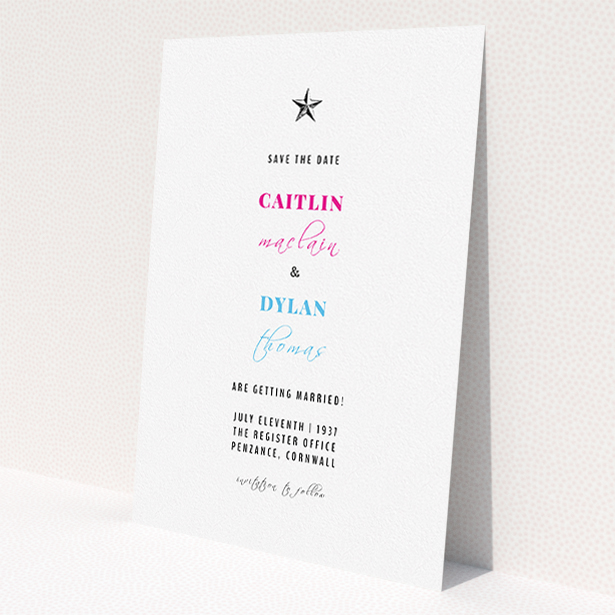 A wedding save the date card named 'North Star'. It is an A5 card in a portrait orientation. 'North Star' is available as a flat card, with mainly white colouring.