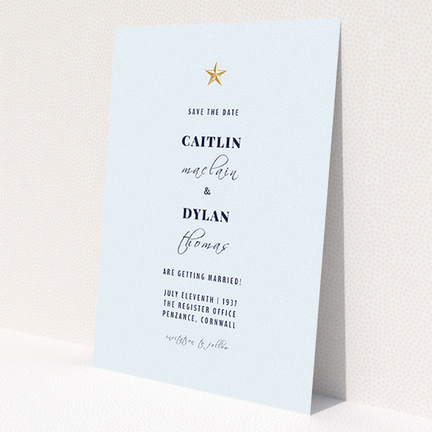 A wedding save the date card template titled 'North Star'. It is an A5 card in a portrait orientation. 'North Star' is available as a flat card, with mainly white colouring.