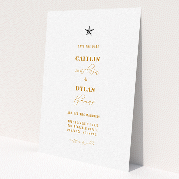 A wedding save the date card design named 'North Star'. It is an A5 card in a portrait orientation. 'North Star' is available as a flat card, with mainly white colouring.