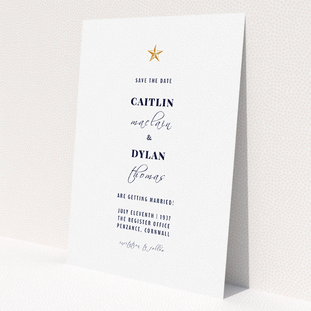 A wedding save the date card template titled 'North Star'. It is an A5 card in a portrait orientation. 'North Star' is available as a flat card, with tones of white and gold.