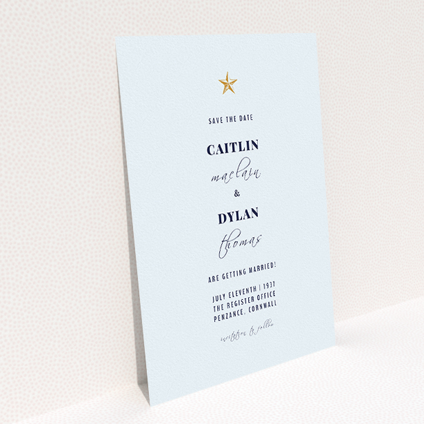 A wedding save the date card template titled "North Star". It is an A5 card in a portrait orientation. "North Star" is available as a flat card, with mainly white colouring.