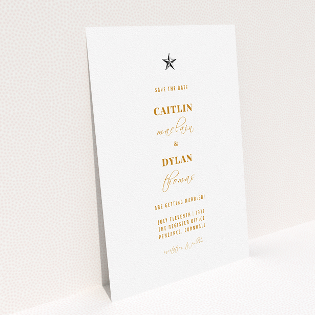 A wedding save the date card design named "North Star". It is an A5 card in a portrait orientation. "North Star" is available as a flat card, with mainly white colouring.