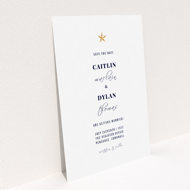 A wedding save the date card template titled "North Star". It is an A5 card in a portrait orientation. "North Star" is available as a flat card, with tones of white and gold.