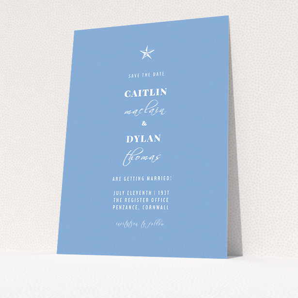 A wedding save the date card design called "North Star". It is an A5 card in a portrait orientation. "North Star" is available as a flat card, with tones of blue and white.