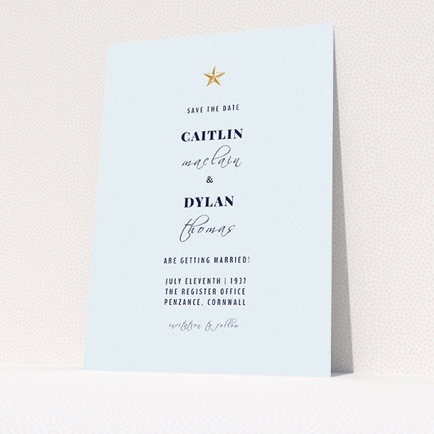 A wedding save the date card template titled "North Star". It is an A5 card in a portrait orientation. "North Star" is available as a flat card, with mainly white colouring.