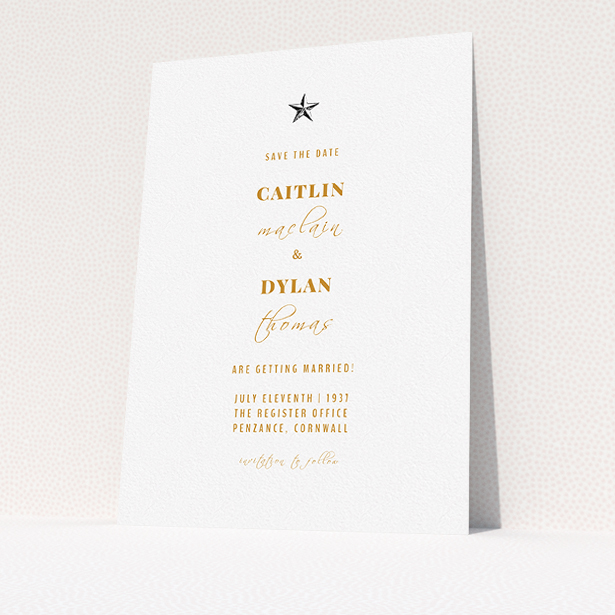 A wedding save the date card design named "North Star". It is an A5 card in a portrait orientation. "North Star" is available as a flat card, with mainly white colouring.