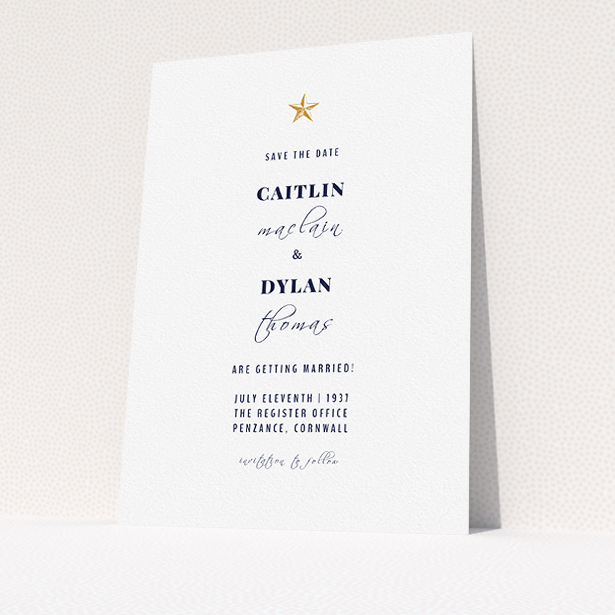 A wedding save the date card template titled "North Star". It is an A5 card in a portrait orientation. "North Star" is available as a flat card, with tones of white and gold.