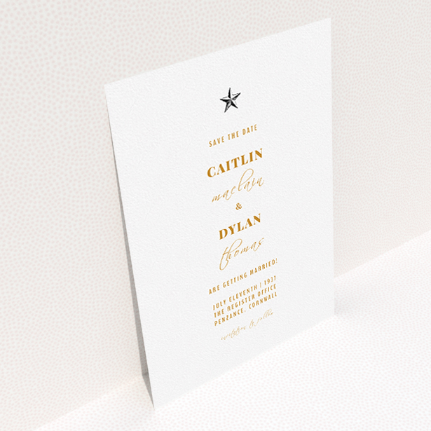 A wedding save the date card design named "North Star". It is an A5 card in a portrait orientation. "North Star" is available as a flat card, with mainly white colouring.