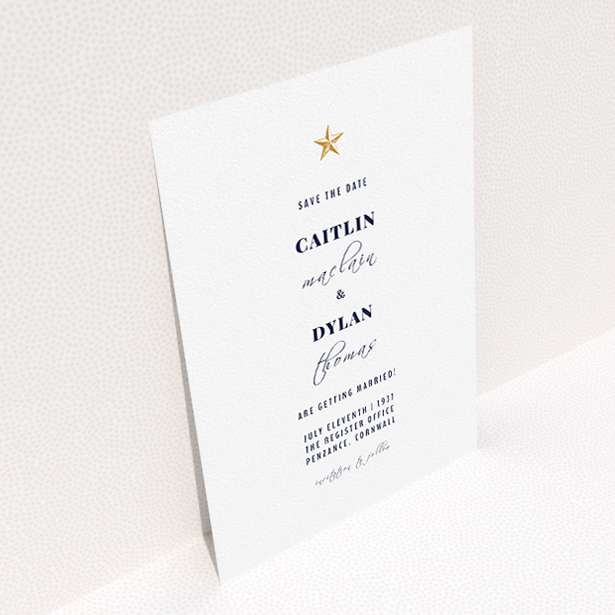 A wedding save the date card template titled "North Star". It is an A5 card in a portrait orientation. "North Star" is available as a flat card, with tones of white and gold.