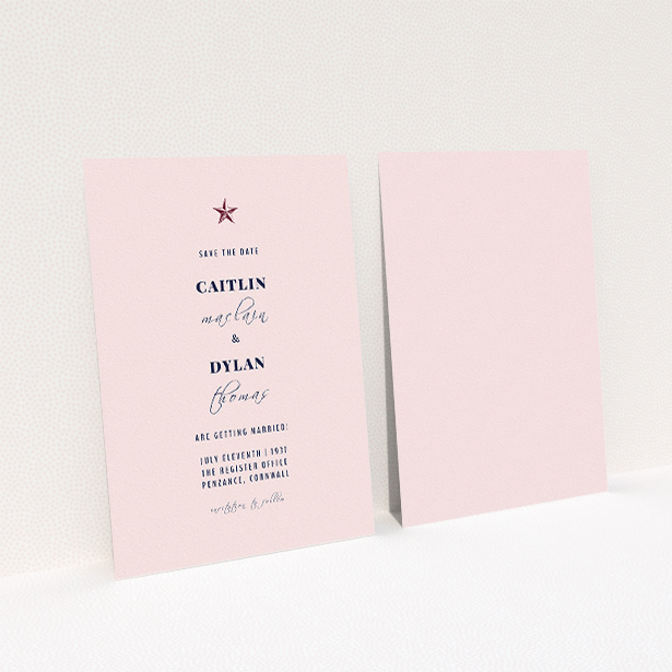 A wedding save the date card design called "North Star". It is an A5 card in a portrait orientation. "North Star" is available as a flat card, with tones of blue and white.