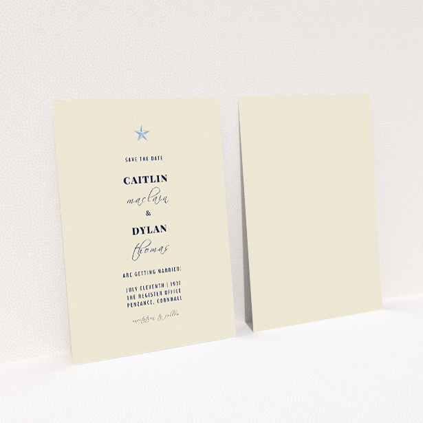 A wedding save the date card template titled "North Star". It is an A5 card in a portrait orientation. "North Star" is available as a flat card, with tones of white and gold.