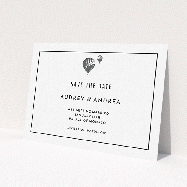 A wedding save the date card template titled 'Off and away'. It is an A5 card in a landscape orientation. 'Off and away' is available as a flat card, with mainly white colouring.
