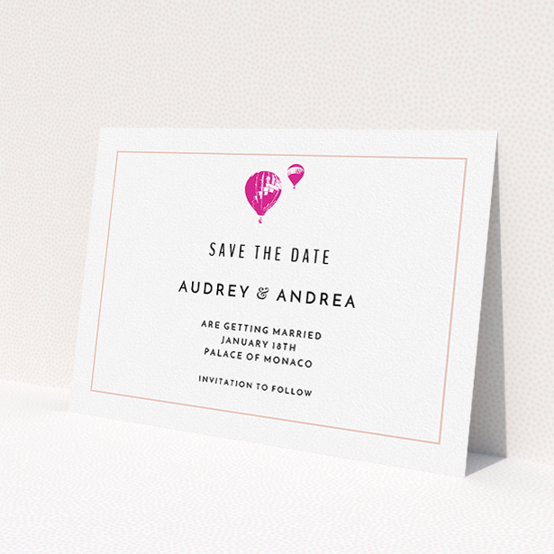 A wedding save the date card design named 'Off and away'. It is an A5 card in a landscape orientation. 'Off and away' is available as a flat card, with tones of white and pink.