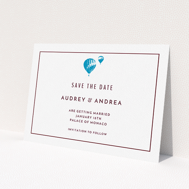 A wedding save the date card design titled 'Off and away'. It is an A5 card in a landscape orientation. 'Off and away' is available as a flat card, with tones of white and blue.