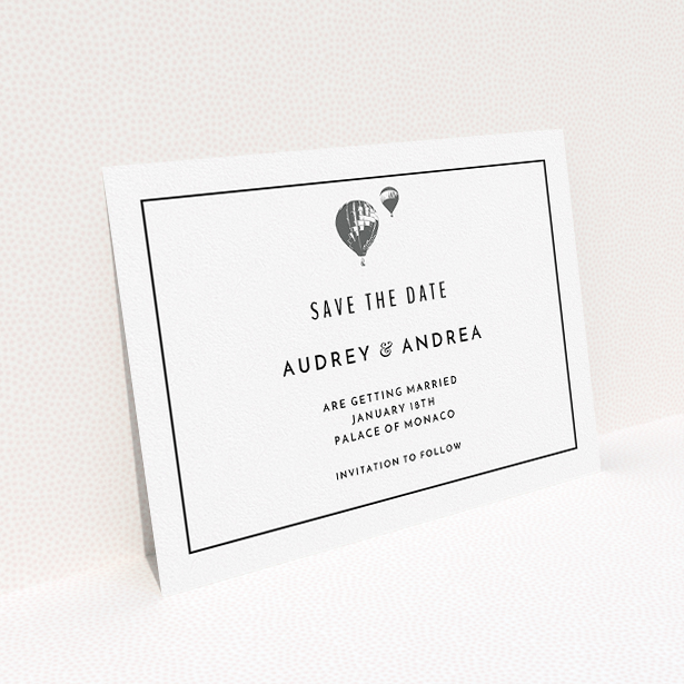 A wedding save the date card template titled "Off and away". It is an A5 card in a landscape orientation. "Off and away" is available as a flat card, with mainly white colouring.
