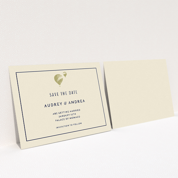 A wedding save the date card template titled "Off and away". It is an A5 card in a landscape orientation. "Off and away" is available as a flat card, with tones of cream and gold.