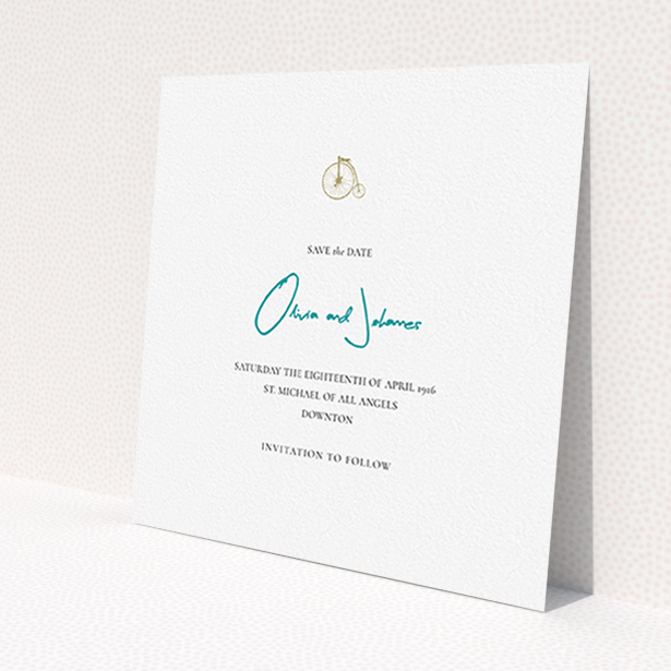 A wedding save the date card design titled 'On your bike new'. It is a square (148mm x 148mm) card in a square orientation. 'On your bike new' is available as a flat card, with tones of white and blue.