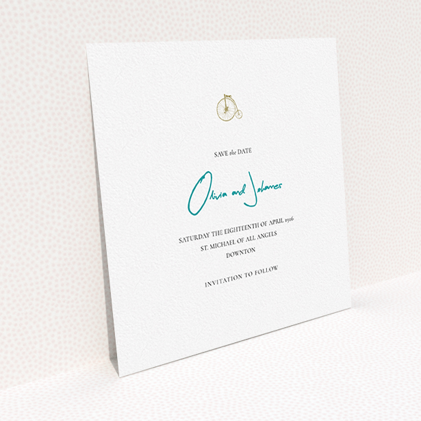 A wedding save the date card design titled "On your bike new". It is a square (148mm x 148mm) card in a square orientation. "On your bike new" is available as a flat card, with tones of white and blue.