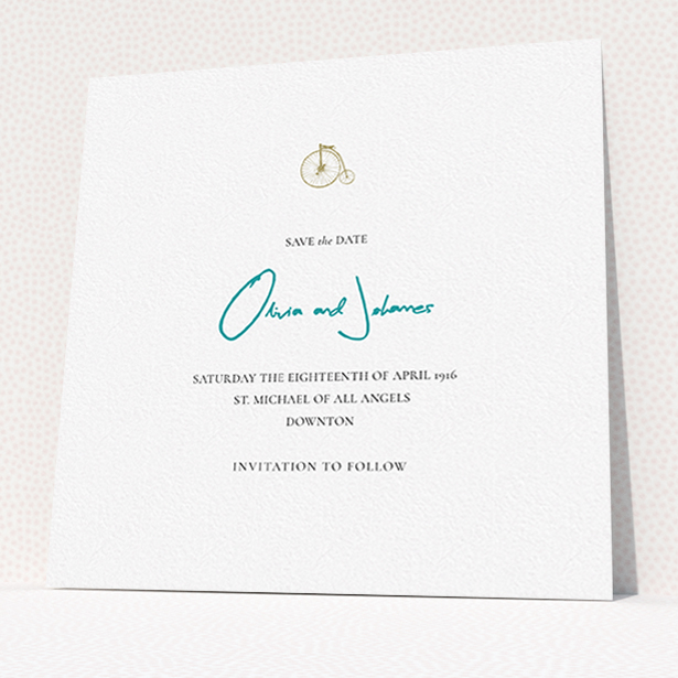 A wedding save the date card design titled "On your bike new". It is a square (148mm x 148mm) card in a square orientation. "On your bike new" is available as a flat card, with tones of white and blue.