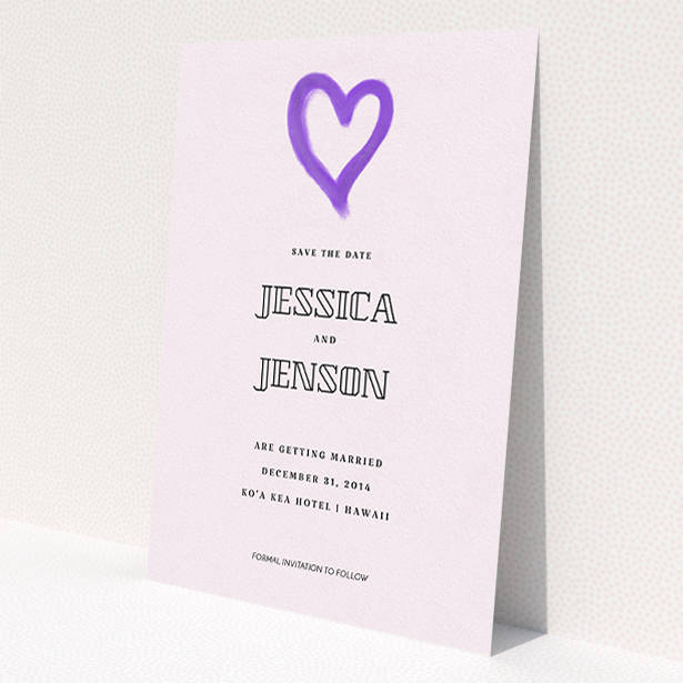 A wedding save the date card named 'One little heart'. It is an A5 card in a portrait orientation. 'One little heart' is available as a flat card, with mainly purple/dark pink colouring.